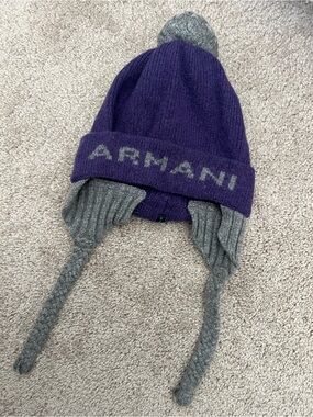 Armani Junior Purple Knit Earflap Hat with Gray Details